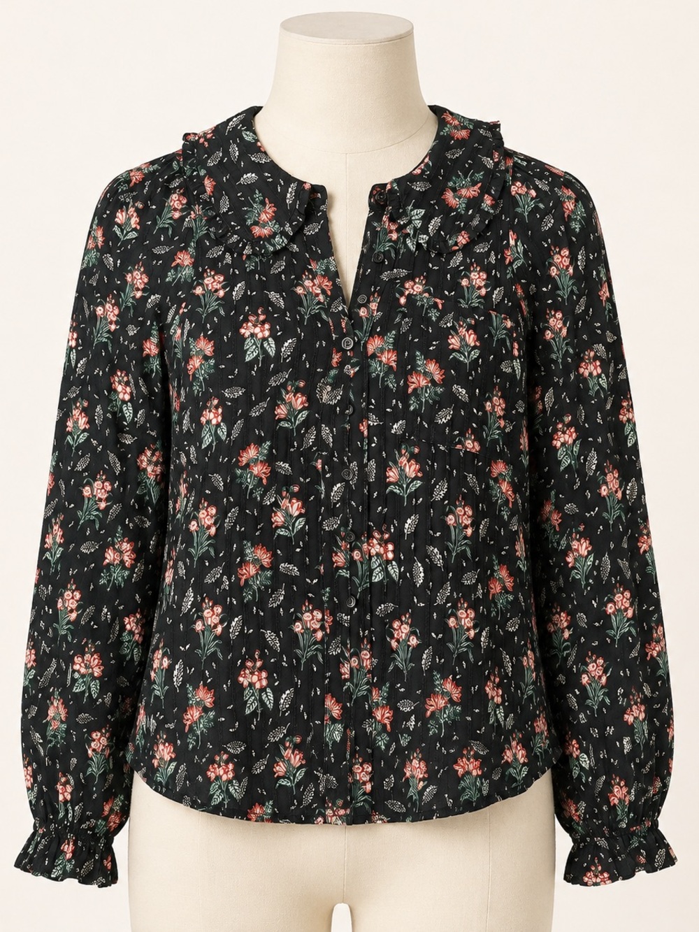 Pilcro The Keira Collared Button-Front Blouse Floral Ruffle Pintuck Black M